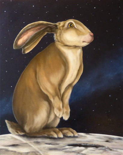 Painting of brown bunny standing on moon with celestial sky
