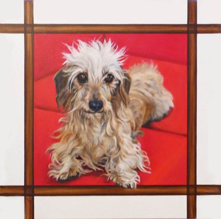  painting of a wire haired dachshund, caramel and blond in color, bright dark eyes and nose pop out from under the blond hair.